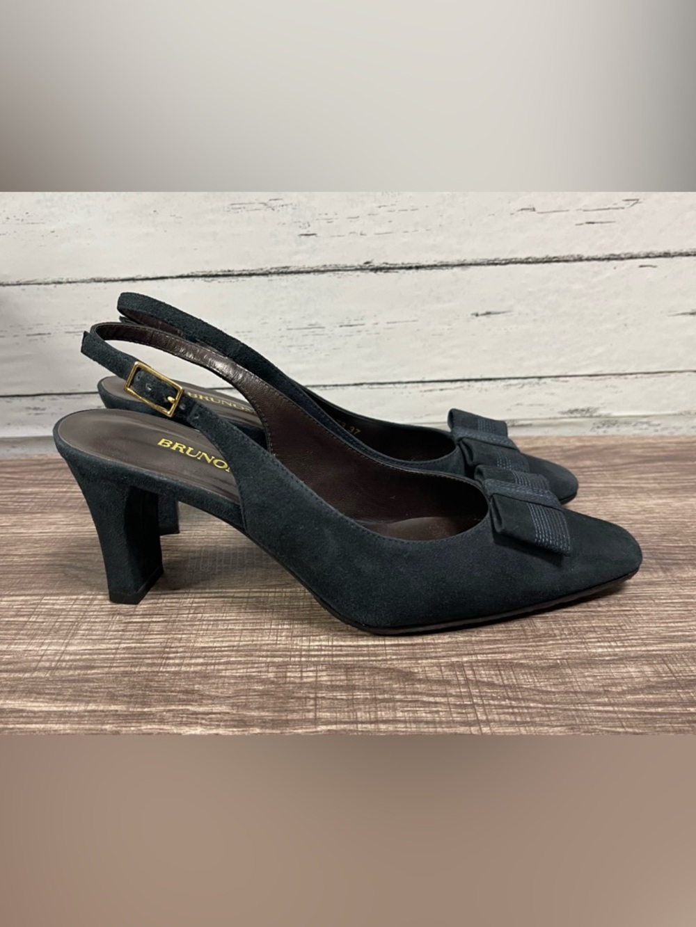 Bruno Magli Navy Blue Suede Pointed Slingback Pumps with Bow